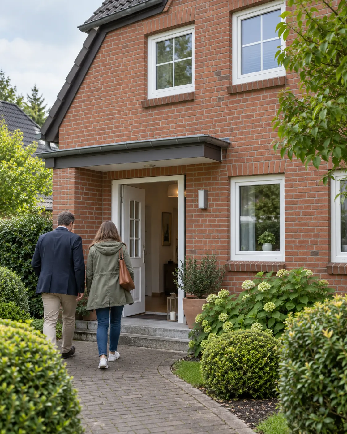Ein Makler und eine Interessentin auf dem Weg zur Besichtigung eines Backsteinhauses